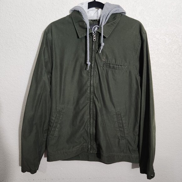 Volcom Bomber Jacket Mens Olive Green Hooded Jacket - Picture 1 of 15